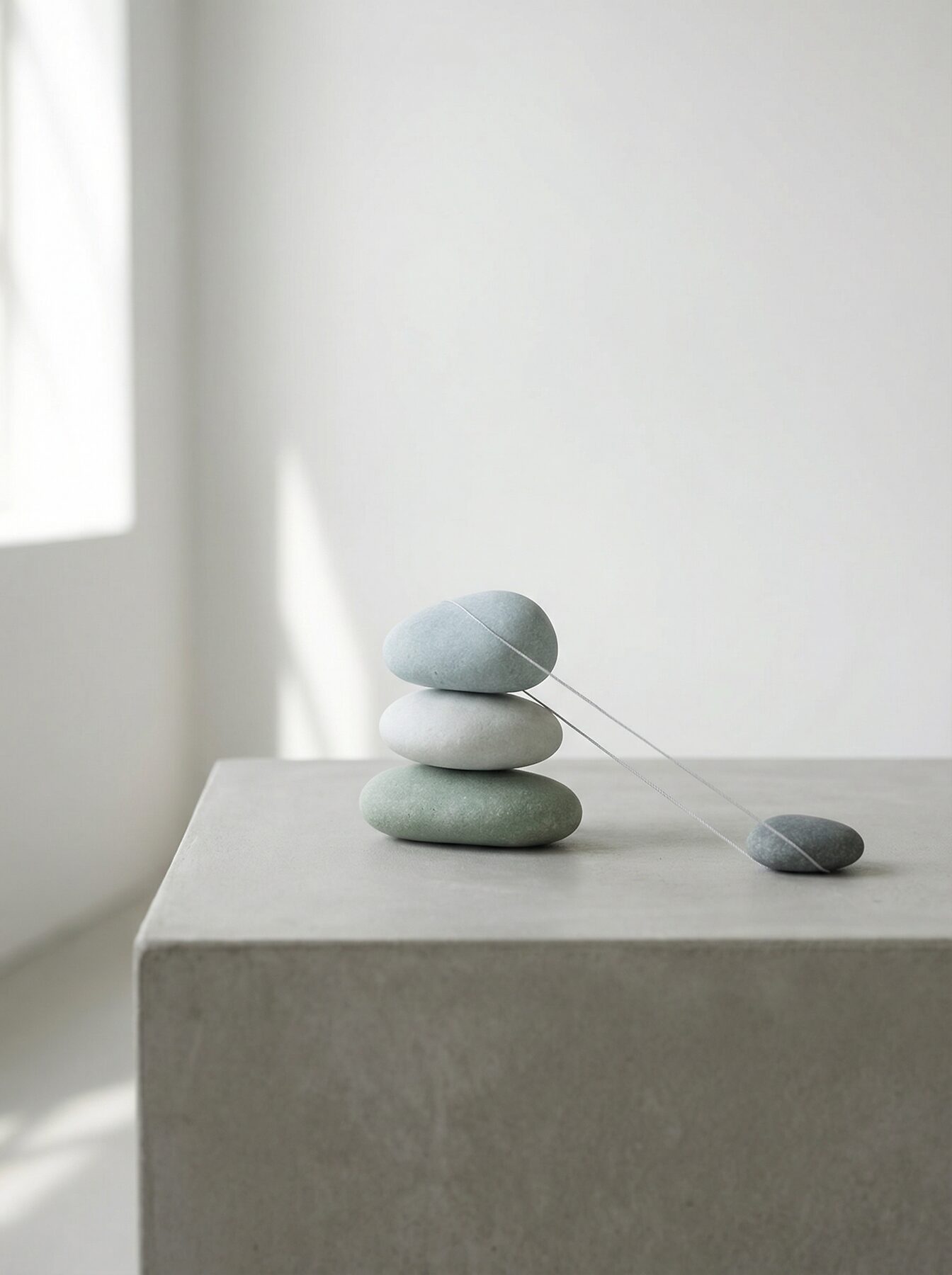 Stille compositie van drie stenen op betonnen sokkel met fijne draden
